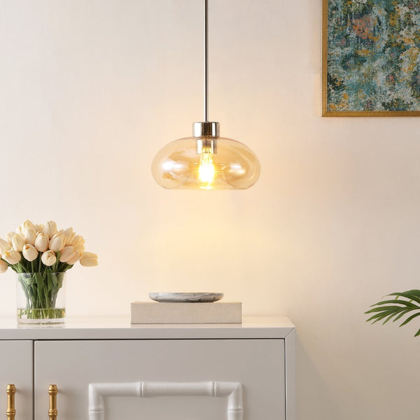 Safavieh JORIE, 11-Inch Amber Glass Pendant Light with Nickel Iron Frame for Modern Home Decor & Cozy Ambiance PND4151A