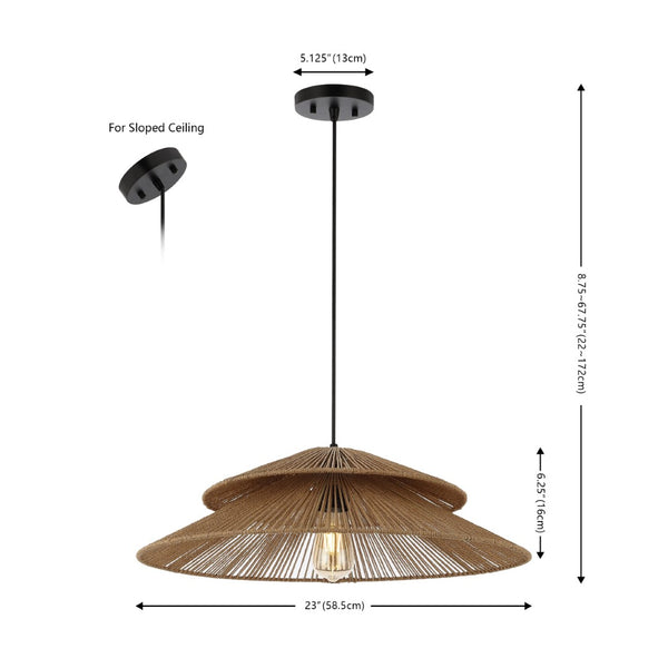 Safavieh BRUNIA, 23-Inch Adjustable Pendant Light in Natural Paper Rope & Black Iron for Modern Interiors PND4175A