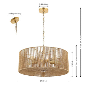 Safavieh MAMBA, 5-Light Extendable Pendant, 24-Inch Natural Paper Rope & Gold Iron for Elegant Lighting Design PND4186A