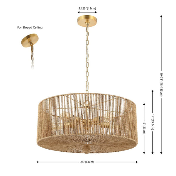 Safavieh MAMBA, 5-Light Extendable Pendant, 24-Inch Natural Paper Rope & Gold Iron for Elegant Lighting Design PND4186A