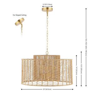 Safavieh BRYNORA, 4-Light Extendable Pendant with Paper Rope Accent for Versatile, Stylish Interior Lighting Natural / Gold PND4190A