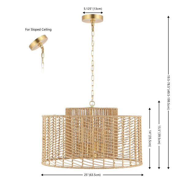 Safavieh BRYNORA, 4-Light Extendable Pendant with Paper Rope Accent for Versatile, Stylish Interior Lighting Natural / Gold PND4190A