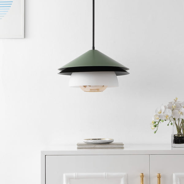 Safavieh Jalen, 16.75 Inch, Green, Glass/Metal Pendant Amber Shade Metal