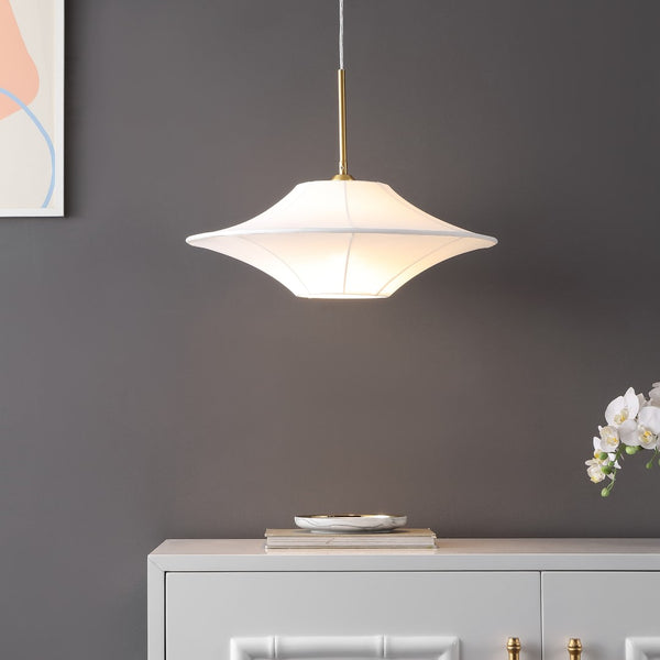 Safavieh Lanai, 20 Inch, White/Brass, Fabric/Metal Pendant White Shade Fabric