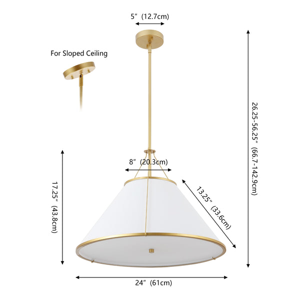 Safavieh Lainey, 3-Light 24" White & Gold Fabric Pendant — Soft Diffused Lighting For Dining, Entryway Elegance PND4219A