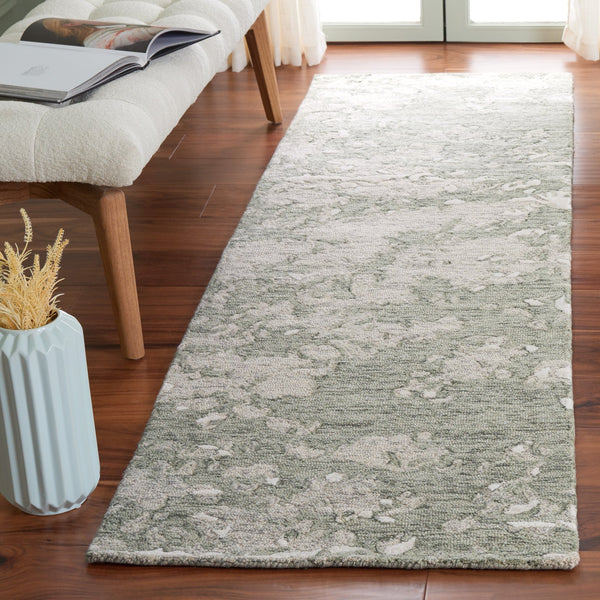 Safavieh Pine Modern Grey And Ivory Runner Rug - Hand-tufted Wool, Distressed Abstract Design For Elegance Sage Green ,Ivory Wool Pile Pne403w-28