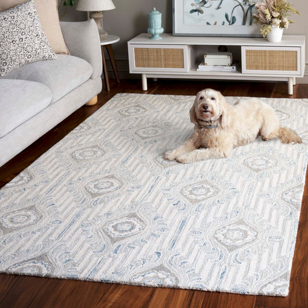 Safavieh Pine Hand-tufted Area Rug For Elegant Home Décor | Luxurious Wool & Cotton Blend With Floral Design Light Grey ,Blue 85% Wool,15% Cotton Pne405f-6