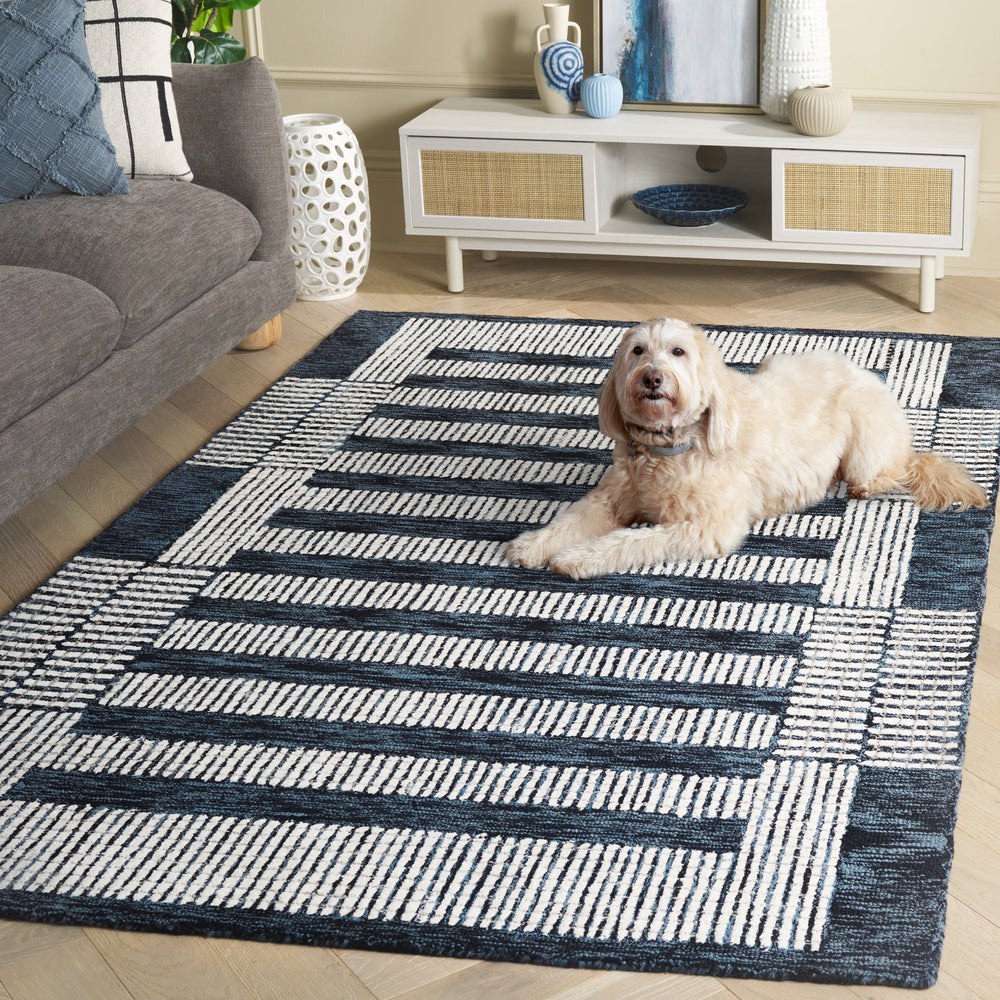 Safavieh Pine Hand-Tufted Navy And Ivory Geometric Wool Rug — Plush Low-Profile Design For Modern Living Spaces 6'-0" x 6'-0" PNE502N-6SQ