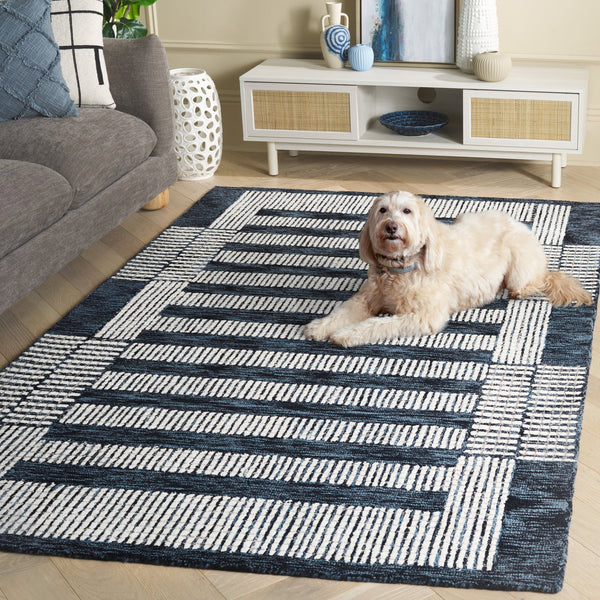 Safavieh Pine Hand-Tufted Navy And Ivory Geometric Wool Rug — Low-Profile Texture, Timeless Modern Elegance 5'-0" x 8'-0" PNE502N-5