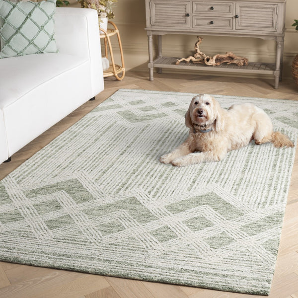 Safavieh Pine Handtufted Wool & Cotton Area Rug - Elegant Geometric Design For Timeless Home Sophistication Sage ,Ivory Wool & Cotton Pne601w-3
