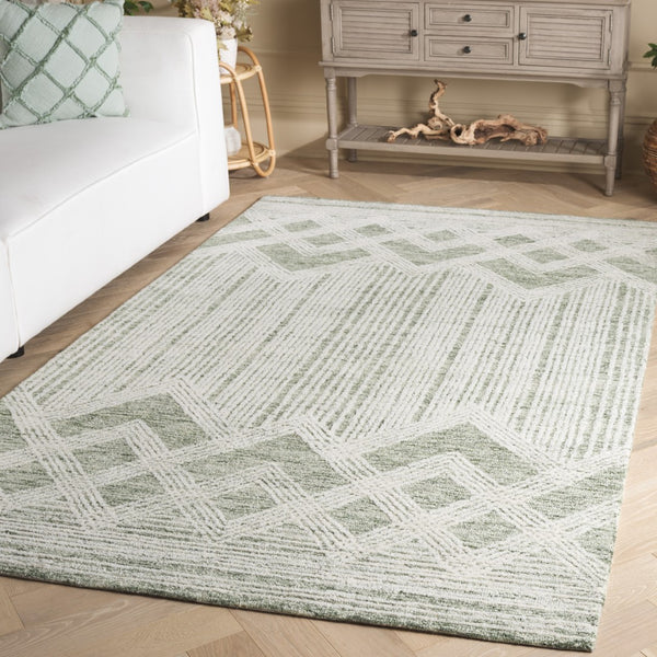 Safavieh Pine Handtufted Wool & Cotton Area Rug - Elegant Geometric Design For Timeless Home Sophistication Sage ,Ivory Wool & Cotton Pne601w-3