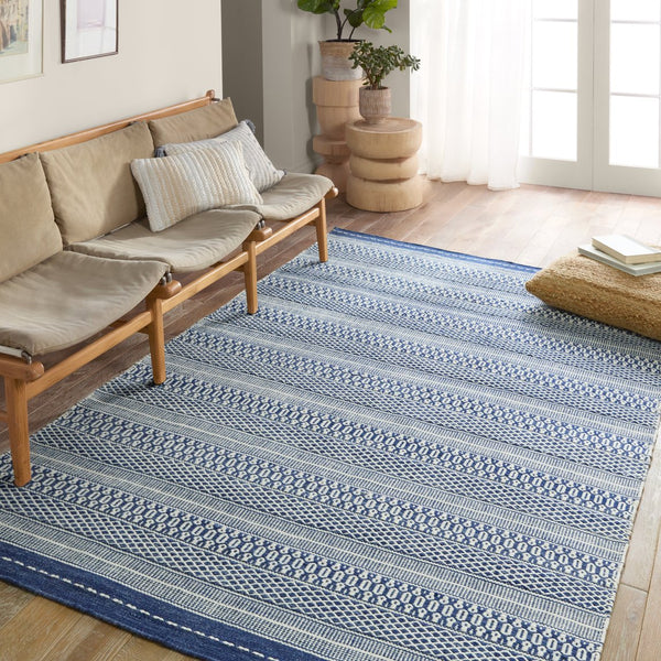 Jaipur Living Penrose Lenna Pnr06 Handwoven Handmade 100% Polyester Lines Stripes Outdoor Rug Blue, White 100% Polyester Rug159269