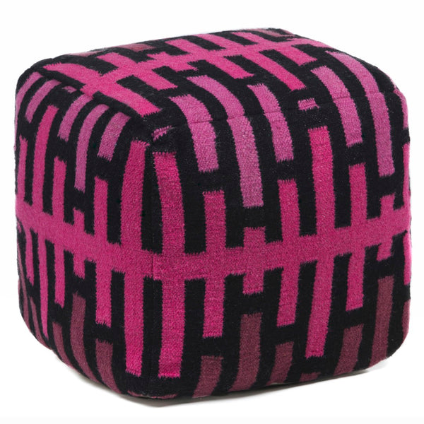 Chandra Rugs Hand-knitted Contemporary Wool Pouf - Luxurious Softness & Chic Design For Stylish Home Decor Pink,Black Outer, Wool,Filling, Cotton Pou134
