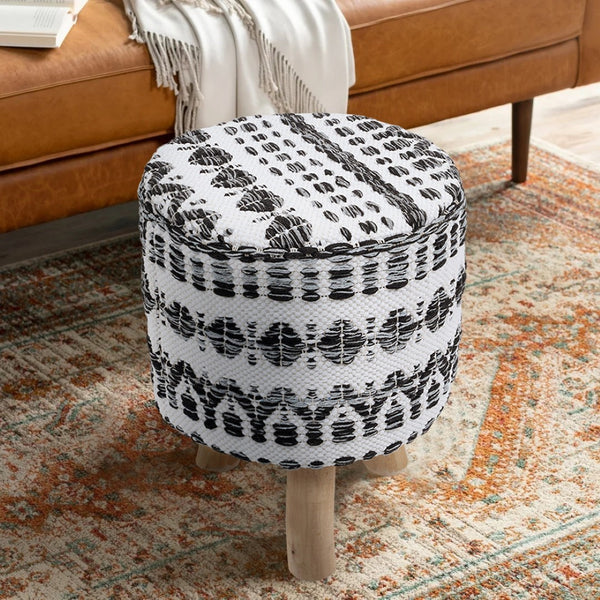 Pasargad Home Grand Canyon Cotton Pouf With Stylish Wooden Legs For Chic Living Room Decor White Cotton Ppf-286-1