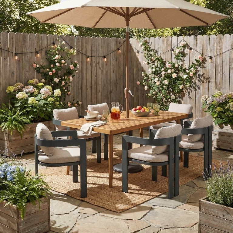English Elm Pula Outdoor 7 Piece Aluminum Acacia Wood Patio Dining Set Seats Six Guests PPOA7PCSDSET