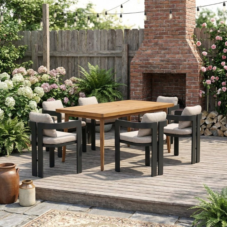 English Elm Pula Outdoor 7 Piece Aluminum Acacia Wood Patio Dining Set Seats Six Guests PPOA7PCSDSET