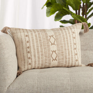 Jaipur Living Vibe by Jaipur Living Razili Cotton Lumbar Pillow Tribal Stripe Tasseled Boho Accent Taupe Poly Fill PLW103653