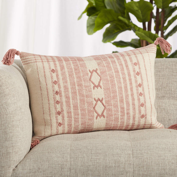 Jaipur Living Vibe by Jaipur Living Cotton Tribal Lumbar Pillow Cover with Tasseled Boho Stripe Pink PLC102386