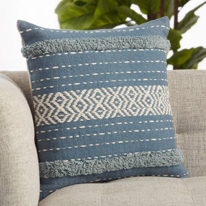 Jaipur Living Vibe by Jaipur Living Palmyra Cotton Pillow Cover with Tassels and Diamond Lattice Tribal Design Blue PLC102401