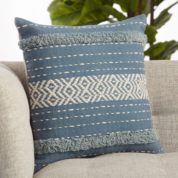 Jaipur Living Vibe by Jaipur Living Palmyra Cotton Throw Pillow Tasseled Boho Diamond Lattice Square Blue Down PLW103644