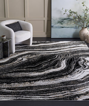 Safavieh Parker Marble-Inspired Black Ivory Gold Area Rug 6'X9' — Low Pile, Durable Power-Loomed Turkish Design PRK128Z-6
