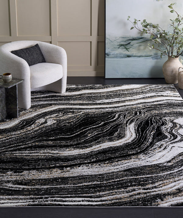 Safavieh Parker Marble-Inspired Black Ivory Gold Area Rug 6'X9' — Low Pile, Durable Power-Loomed Turkish Design PRK128Z-6