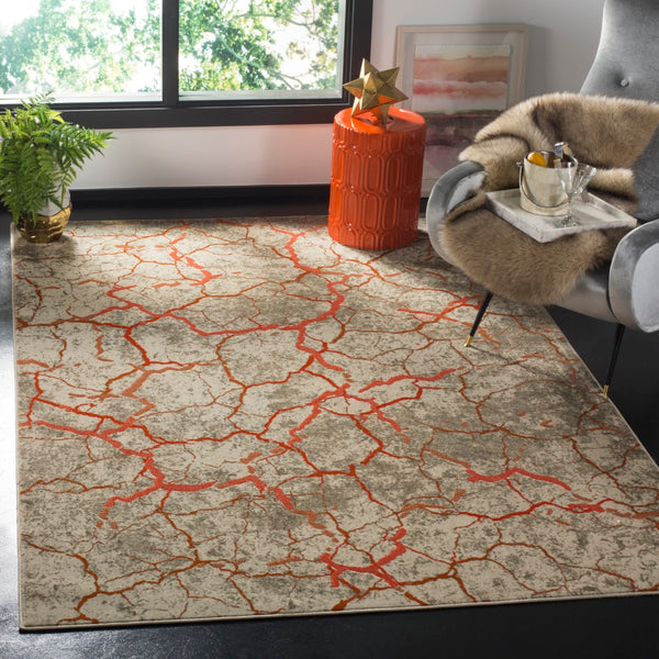 Safavieh Porcello Contemporary Area Rug - Durable Turkish Design With Abstract Pattern For Modern Spaces Grey ,Orange Polypropylene Pile Prl7742f-3