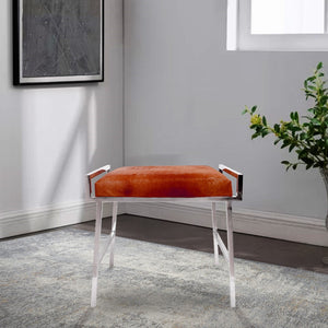 Pasargad Eira Cowhide Stool - Unique Brown Accent With Stainless Steel Frame For Stylish Spaces Brown Cowhide Psae-002