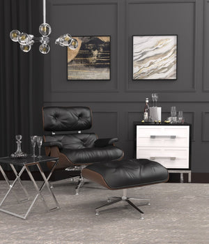 Pasargad Home Portfino Leather Lounge Chair & Ottoman - Timeless Elegance In Black Or White Black Leather Pt-t066f Blk