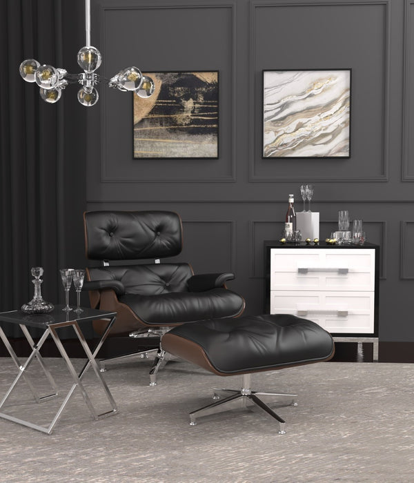 Pasargad Home Portfino Leather Lounge Chair & Ottoman - Timeless Elegance In Black Or White Black Leather Pt-t066f Blk