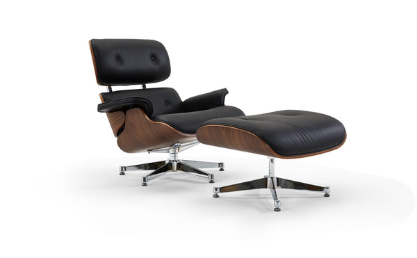 Pasargad Home Portfino Leather Lounge Chair & Ottoman - Timeless Elegance In Black Or White Black Leather Pt-t066f Blk