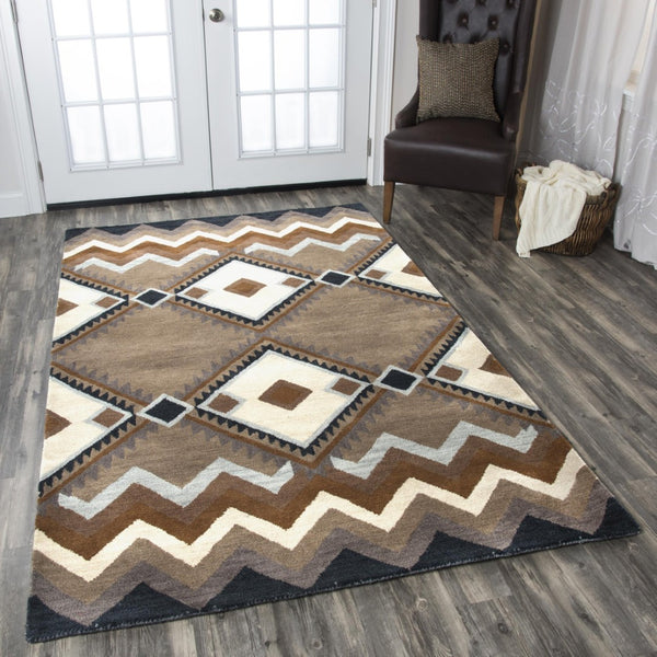 Alora Decor Pueblo Hand-Tufted Wool Rug With Rustic Diamond Pattern In Earthy Blues, Browns, Tan & Black — Durable 8' x 10' PUEPU100300120810