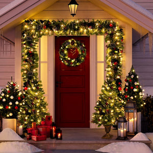 English Elm Pre-Lit Holiday Decor 4 Piece Set with Warm LED Lights Entrance Trees Garland Wreath PX283311AAF
