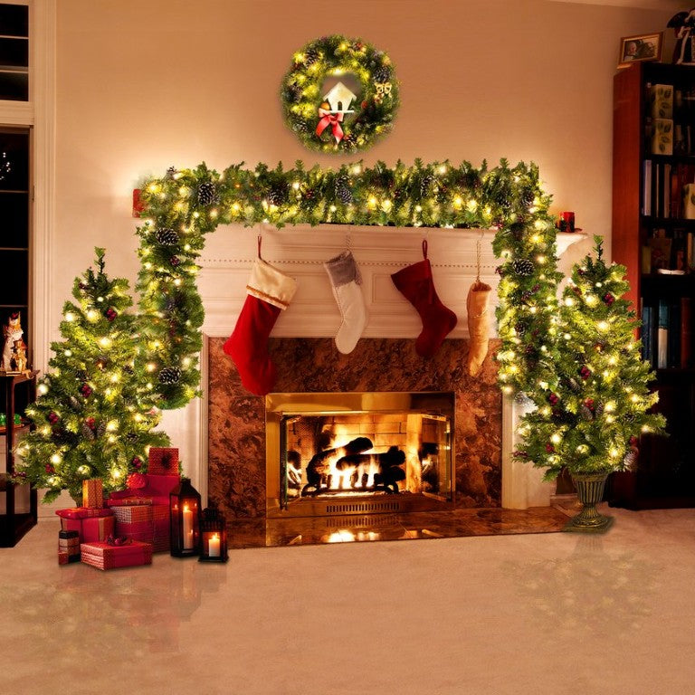 English Elm Pre-Lit Holiday Decor 4 Piece Set with Warm LED Lights Entrance Trees Garland Wreath PX283311AAF