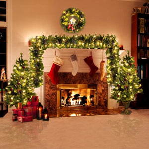 English Elm Pre-Lit Holiday Decor 4 Piece Set with Warm LED Lights Entrance Trees Garland Wreath PX283311AAF