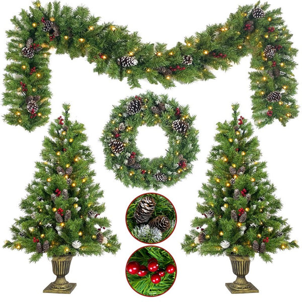 English Elm Pre-Lit Holiday Decor 4 Piece Set with Warm LED Lights Entrance Trees Garland Wreath PX283311AAF