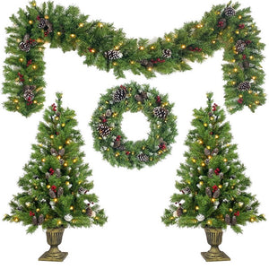 English Elm Pre-Lit Holiday Decor 4 Piece Set with Warm LED Lights Entrance Trees Garland Wreath PX283311AAF