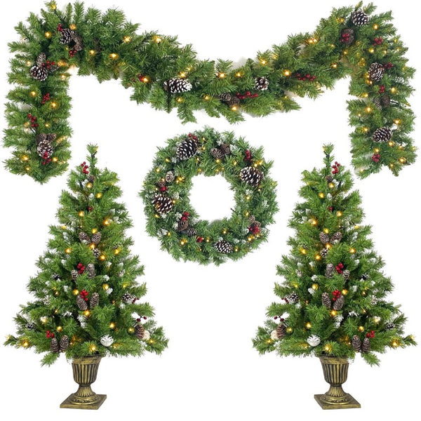 English Elm Pre-Lit Holiday Decor 4 Piece Set with Warm LED Lights Entrance Trees Garland Wreath PX283311AAF