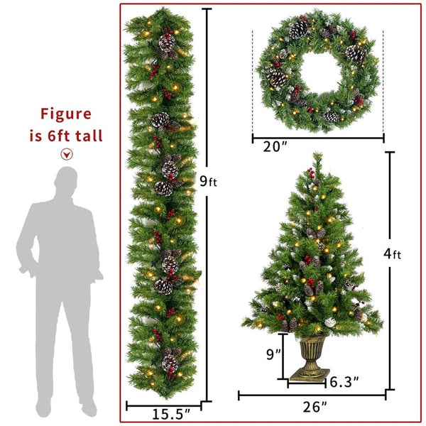 English Elm Pre-Lit Holiday Decor 4 Piece Set with Warm LED Lights Entrance Trees Garland Wreath PX283311AAF