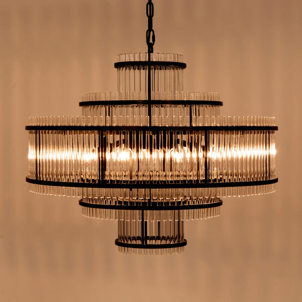 Noir Rowan Chandelier - Industrial-Modern Matte Black Pendant Light with Elegant Glass Shades, 29" W PZ031MTB