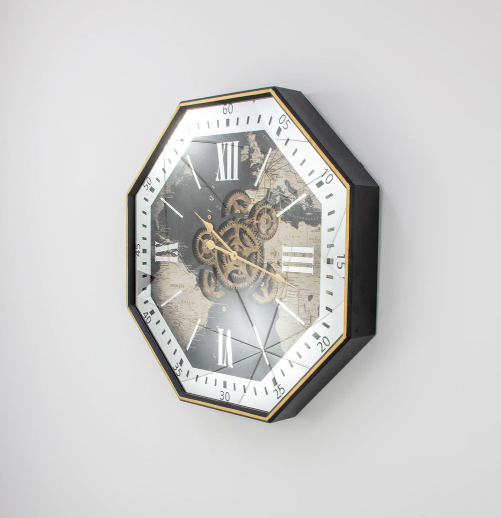 Zeugma Pasha Exquisite 31” Octagon Wall Clock - Black & Gold Frame With Silver Roman Numerals & Skeleton Design   23cf212