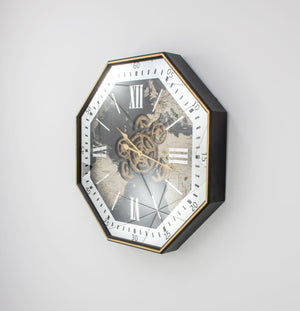Zeugma Pasha Exquisite 31” Octagon Wall Clock - Black & Gold Frame With Silver Roman Numerals & Skeleton Design   23cf212
