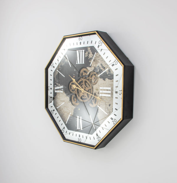 Zeugma Pasha Exquisite 31” Octagon Wall Clock - Black & Gold Frame With Silver Roman Numerals & Skeleton Design   23cf212