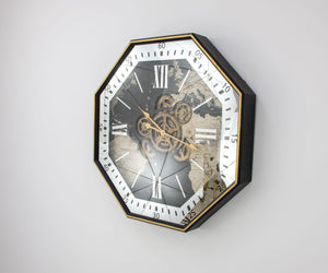 Zeugma Pasha Exquisite 31” Octagon Wall Clock - Black & Gold Frame With Silver Roman Numerals & Skeleton Design   23cf212