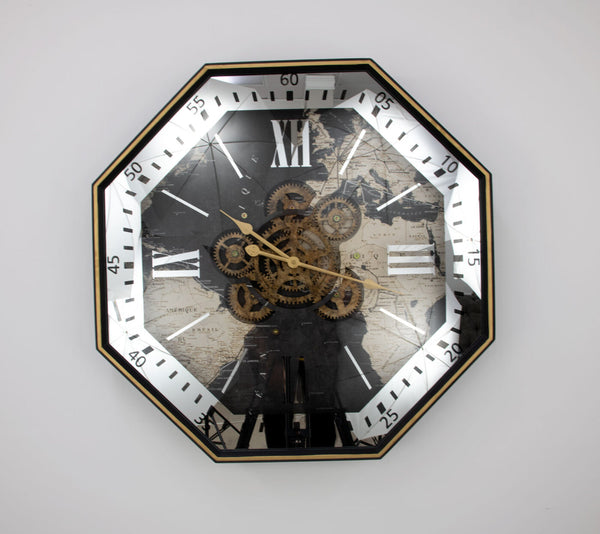 Zeugma Pasha Exquisite 31” Octagon Wall Clock - Black & Gold Frame With Silver Roman Numerals & Skeleton Design   23cf212