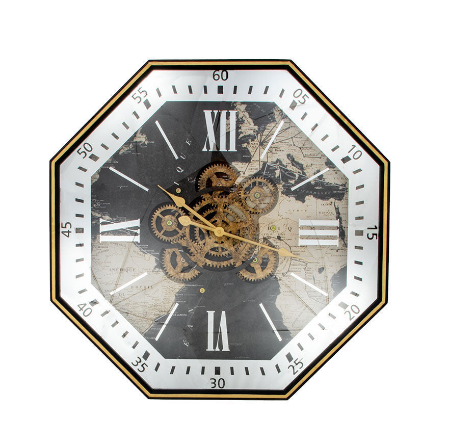 Zeugma Pasha Exquisite 31” Octagon Wall Clock - Black & Gold Frame With Silver Roman Numerals & Skeleton Design   23cf212
