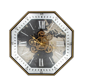 Zeugma Pasha Exquisite 31” Octagon Wall Clock - Black & Gold Frame With Silver Roman Numerals & Skeleton Design   23cf212