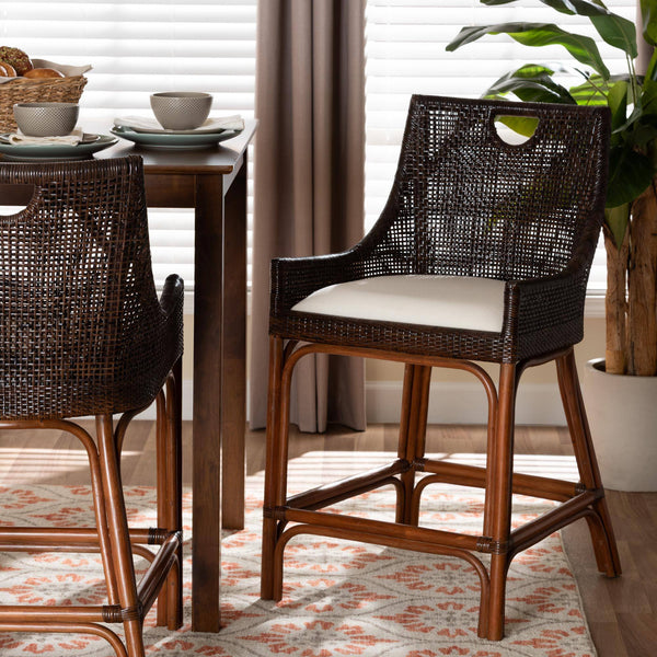 Bali & Pari Petra Handwoven Rattan Wingback Counter Stool with Upholstered Seat