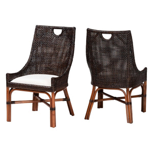 Baxton Studio Bali & Pari Petra Handwoven Rattan Wingback Dining Chairs Coastal Boho Set of 2 Petra-Rattan/Coffee Bean-Cushion-DC