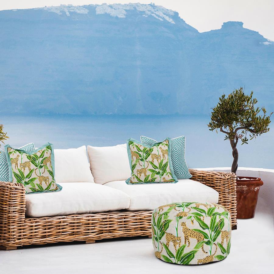 Howard Elliott Outdoor Round Pouf In Whimsical Fern Print – Tranquil Colors For Stylish Indoor And Outdoor Relaxation Green 100% Polyester Q872-1275-howard-elliott